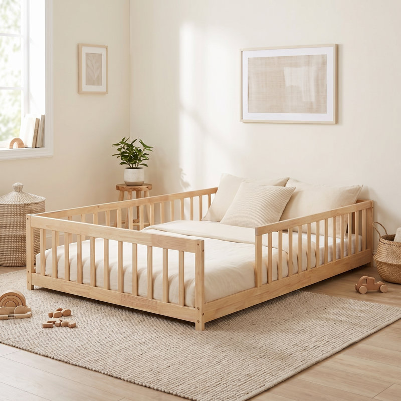 Lit plateforme avec clôture Giezi Kids, Naturel, Full
