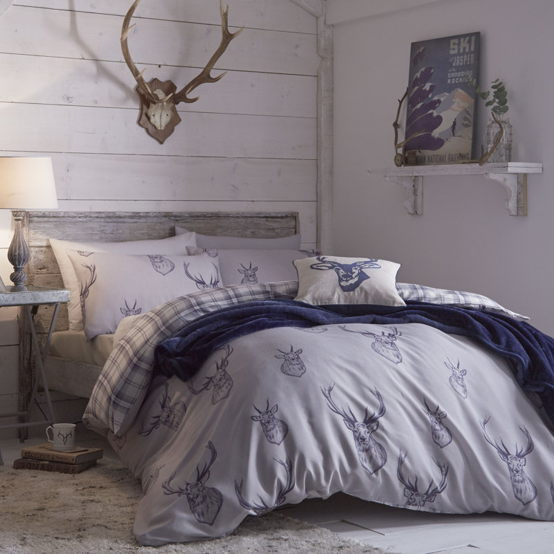 Stag Check Reversible Duvet Cover Set, Double Duvet Cover + 2 Standard Pillowcases, Beige
