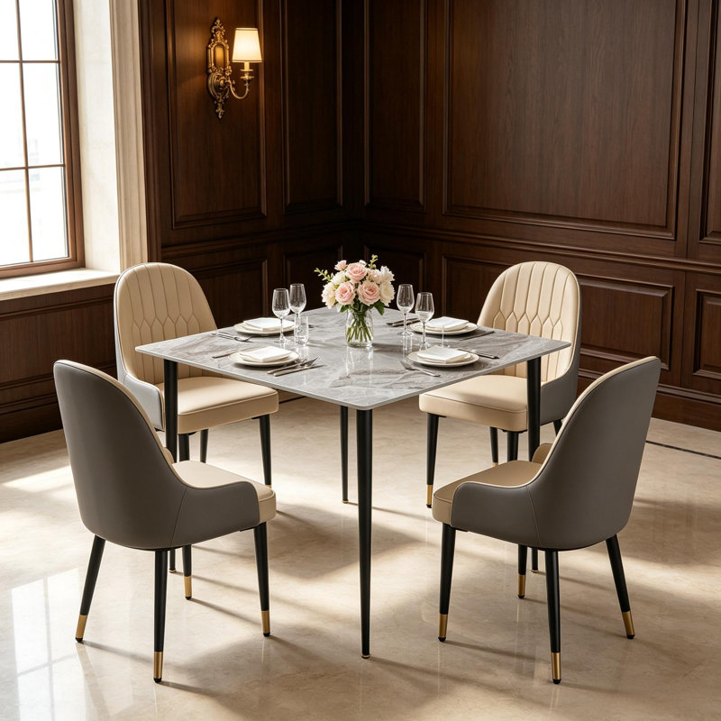 Square Dining Table Set For 4, Marble Kitchen Table With 4 Upholstered Chairs For Kitchen Room And Small Spaces, Grey