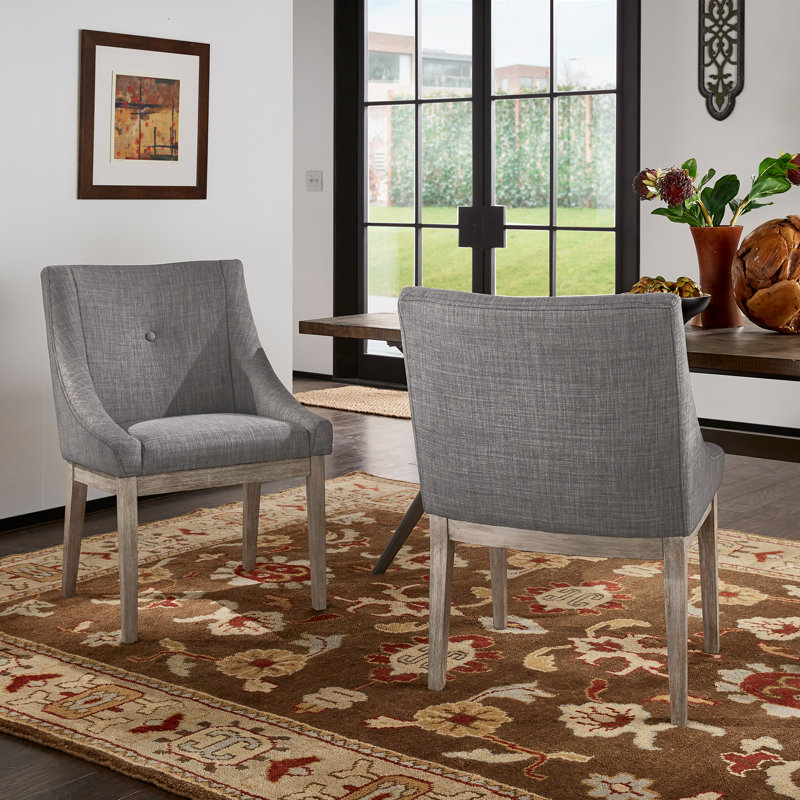 Irving Place 19.75'' H Tufted Upholstered Side Chair, Grey Linen, Antique Gray Oak