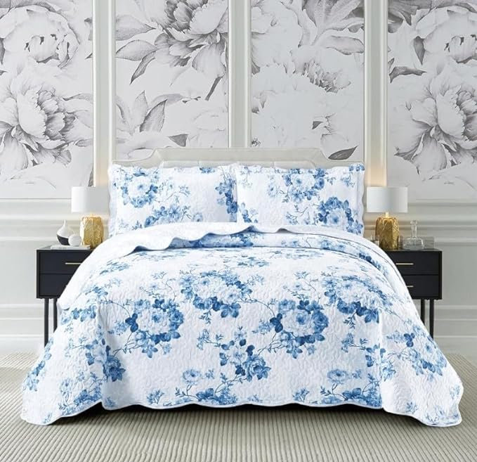 Andrena Bedspread with Pillow Shams Included, Single Bedspread + 1 Standard Pillow Sham, Floral, Blue