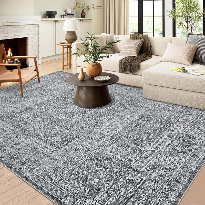 8x10 Rugs Soft Vintage Large Wasahble Area Rug Thin Non-Slip Carpet Rug Dining Grey, Rectangle 8' x 10'