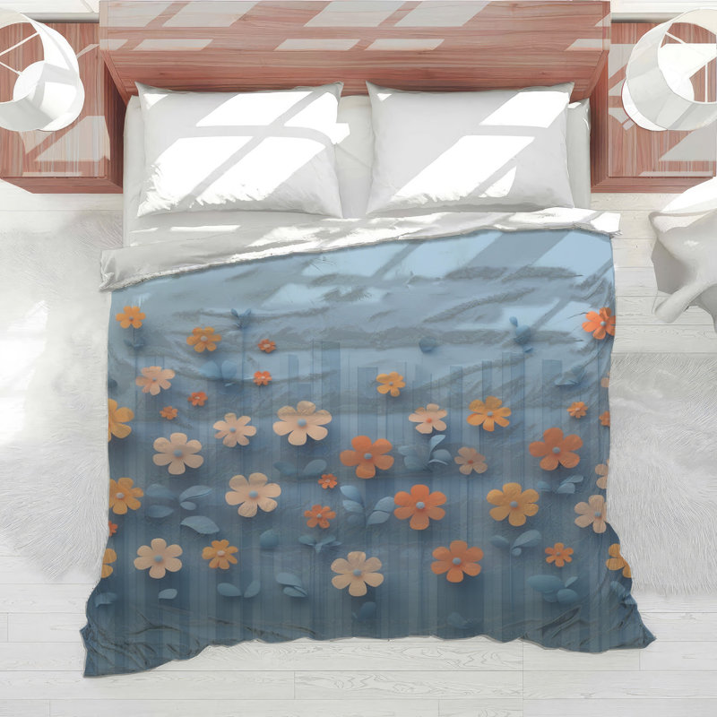 Orange Blue Flowers Comforter, King