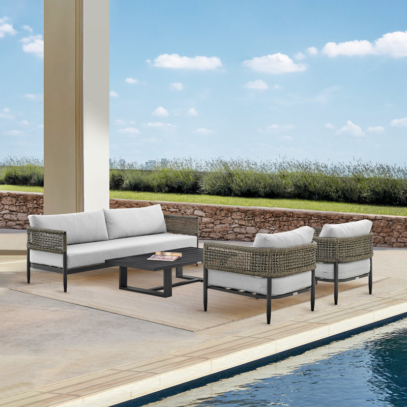 Chervonne 4 Piece Outdoor Conversation Set in Black Aluminum and Rope with Light Gray Fabric Cushions