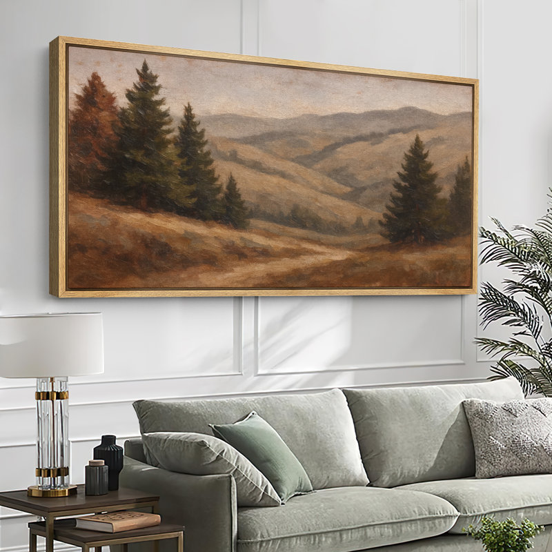 Vintage Pine Tree Mountain Landscape Artwork Extra Large Pictures Framed Canvas Print Wall Art, Natural, 30" H x 60" W