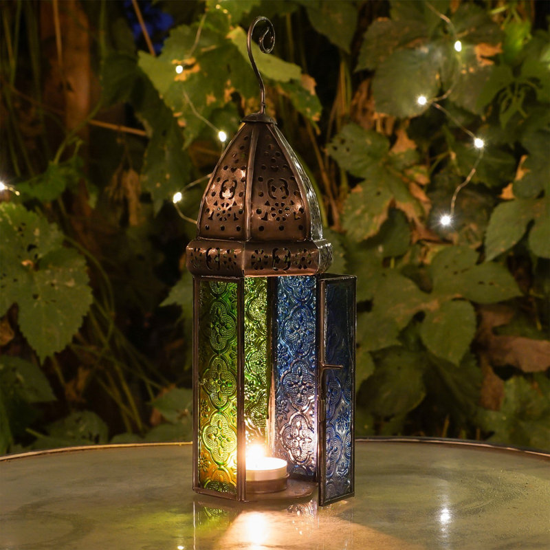 Grande lanterne hexagonale en verre, Bleu / Vert