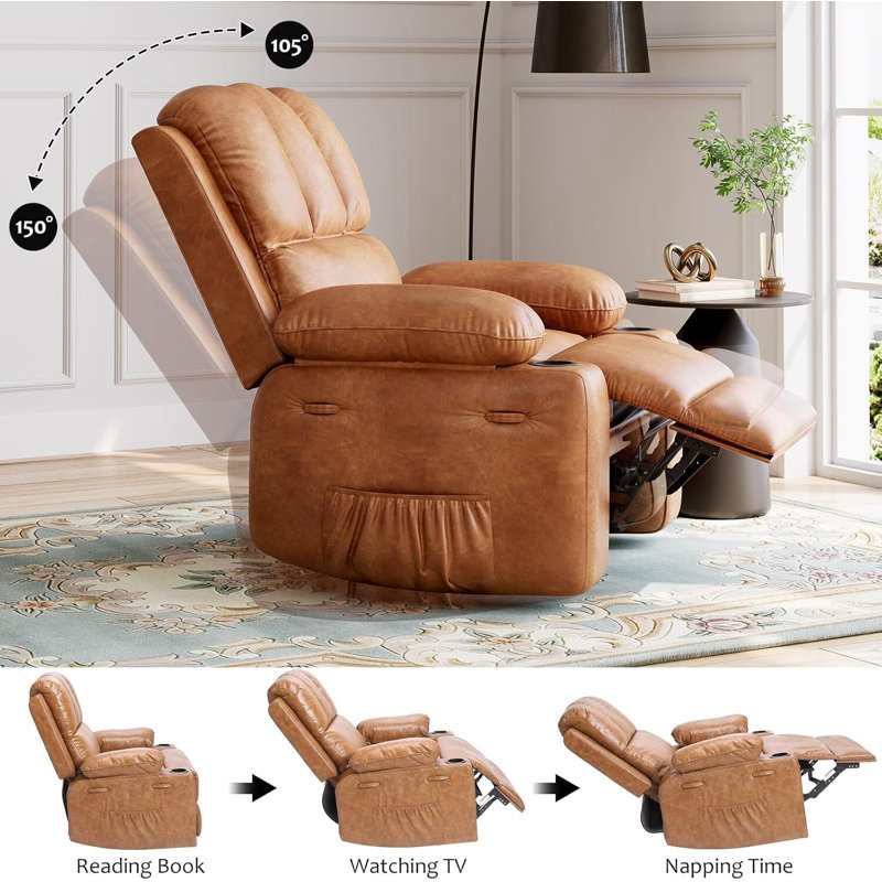 Oversized Manual Recliner with 2 Cup Holders and Side Pocket, Vintage Leather
