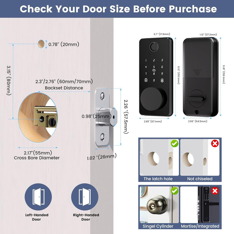 Serrure intelligente de sécurité, serrure de porte à empreinte digitale pour la porte d'entrée avec 2 clés, installation facile, télécommande de l'application, verrouillage automatique (poignées non incluses)