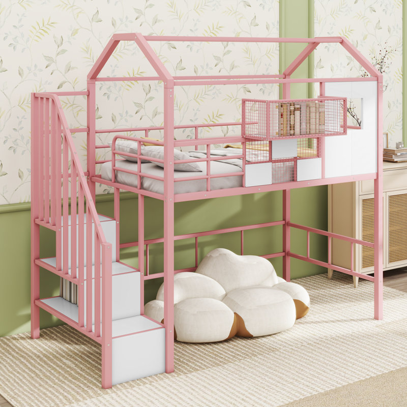 Metal Loft Bed With Roof Design And A Storage Box, Pink