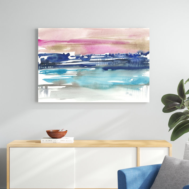 «Indigo Sunset I», peinture sur toile, H 32 po x l 48 po