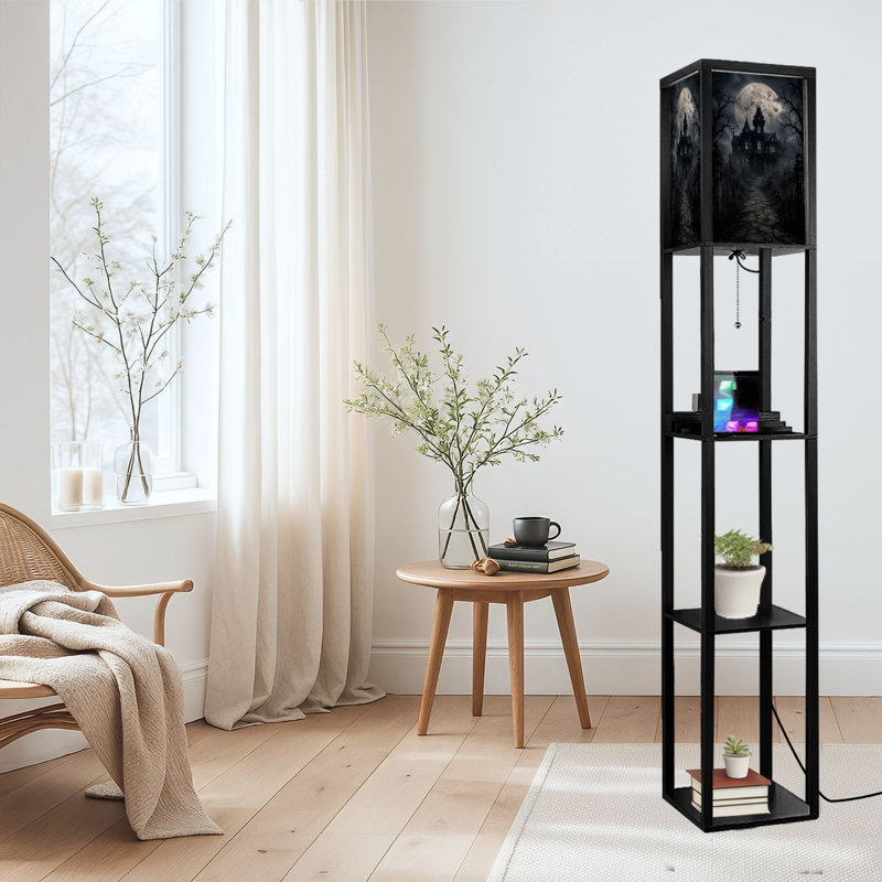 Lampe sur pied à DEL à intensité variable, pleine lune, chauve-souris pleine lune, forêt foncée, lampe sur pied en bois aggloméré avec télécommande, lumière 3 couleurs, pour le salon, la chambre à coucher