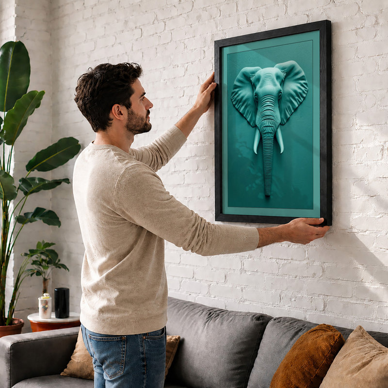Elephant Head Sculpture Modern - Framed Print, A2 - 59.4 x 42.0 cm, Oak