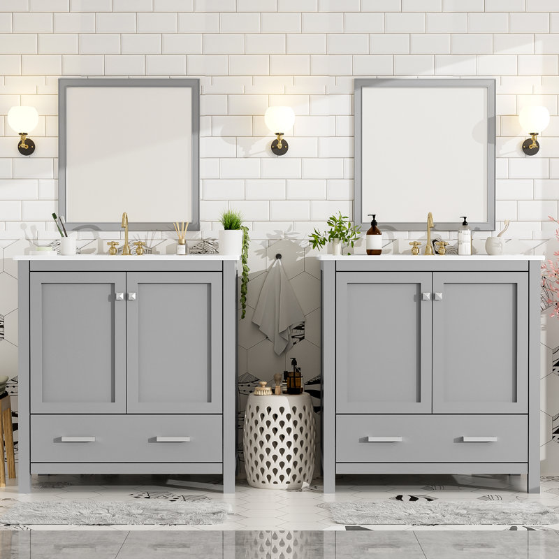 Ensemble de meuble-lavabo avec lavabos doubles, lavabos doubles, tablette de rangement et tiroirs divisés - Solution de salle de bain moderne pour salles de bain spacieuses
