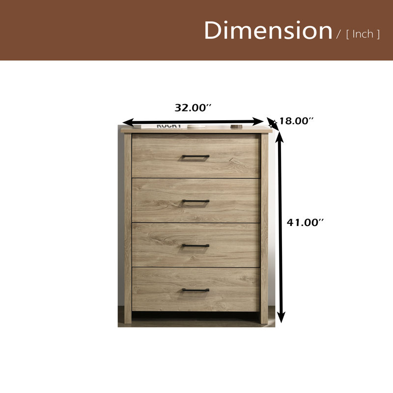 Commode 4 tiroirs avec poignées l 32 ", Chêne clair