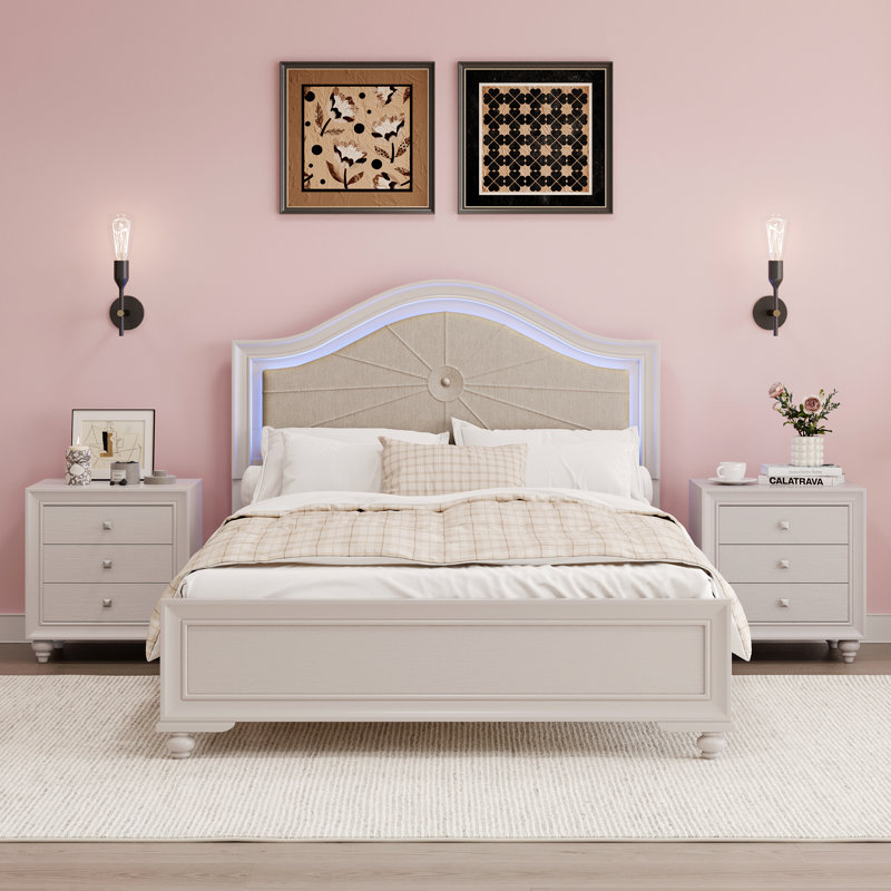 Ensemble de chambre à coucher 3 pièces, lit en bois avec tête de lit tapissier cachée à DEL et 2 tables de chevet, gris crème