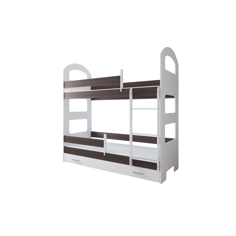 Peterkin Bunk Bed with Built-in Ladder Included, 80 x 160 cm, Walnut, With Drawer