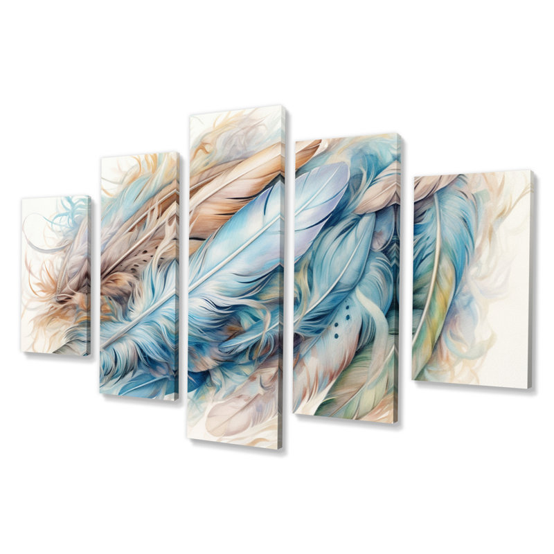 Ewan - impression d'art mural plumes - 5 panneaux