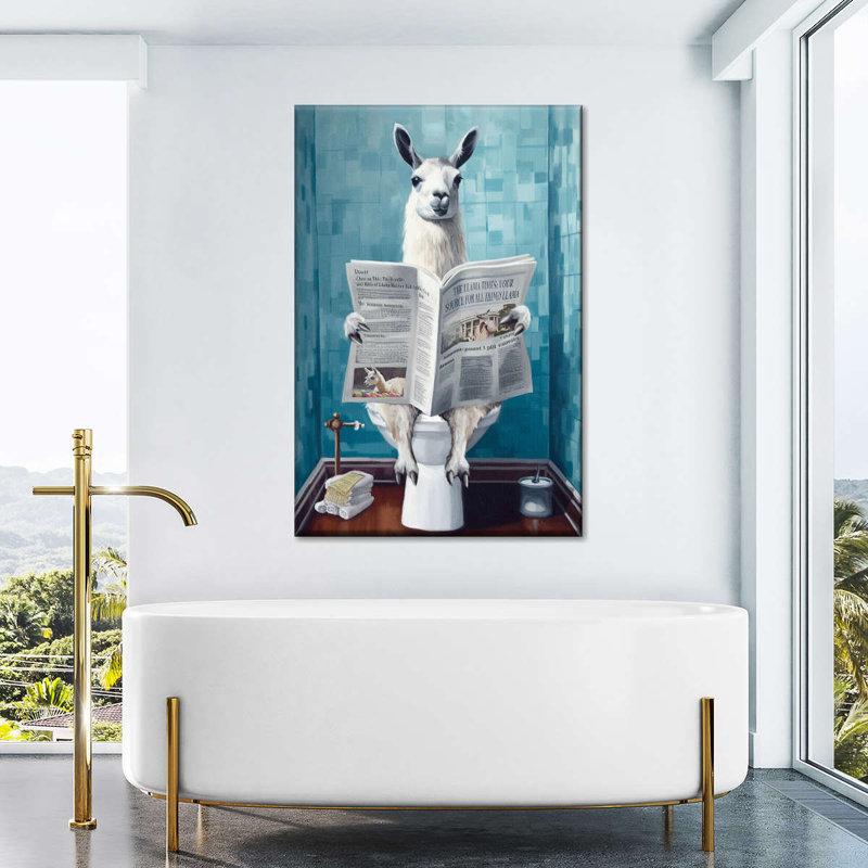 Lama sur une toilette sur toile, H 24 po x l 16 po x P 1,25 po