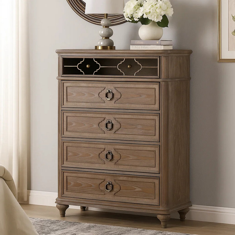 Commode haute Lyla, 5 tiroirs, structure en bois de chêne brun rustique