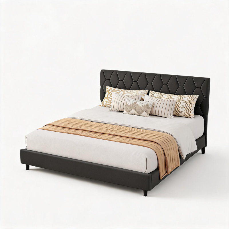 Structure de lit, structure de lit plateforme tapissier avec tête de lit réglable, support de lattes en bois réducteur de bruit, capacité de 900 lb, convient aux matelas de 8 à 15 po, aucun sommier nécessaire