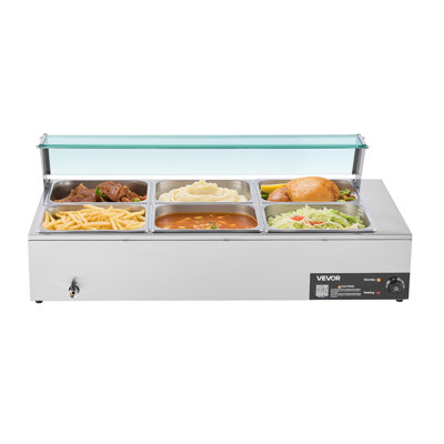 Commercial Food Warmer 6 x 1/2 Size Pans Buffet Bain Marie with Glass Cover