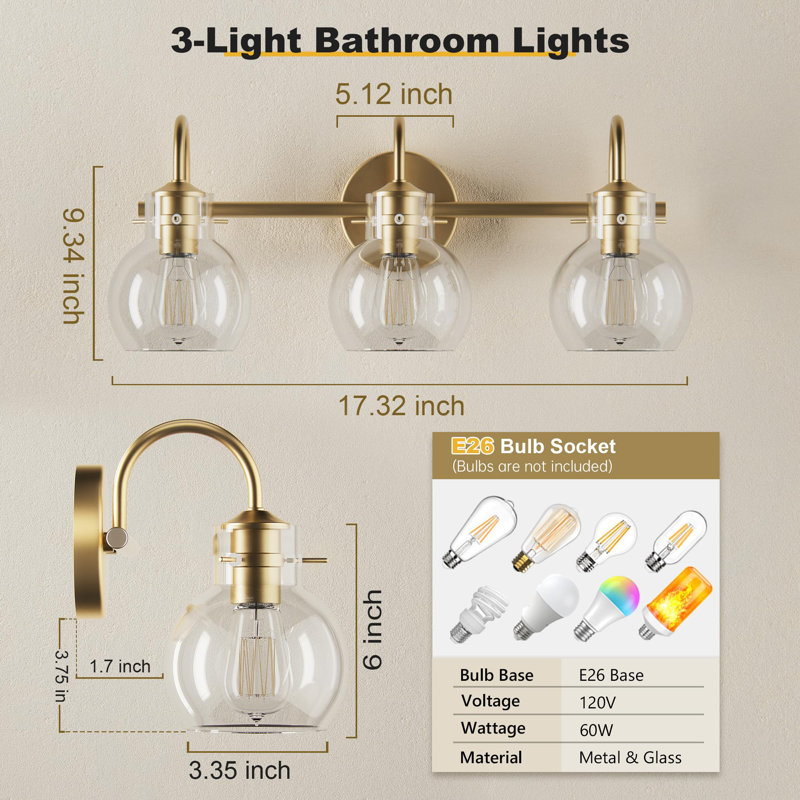 Luminaires de meuble-lavabo, appliques murales pour salle de bain avec abat-jour en verre Globel, base E26