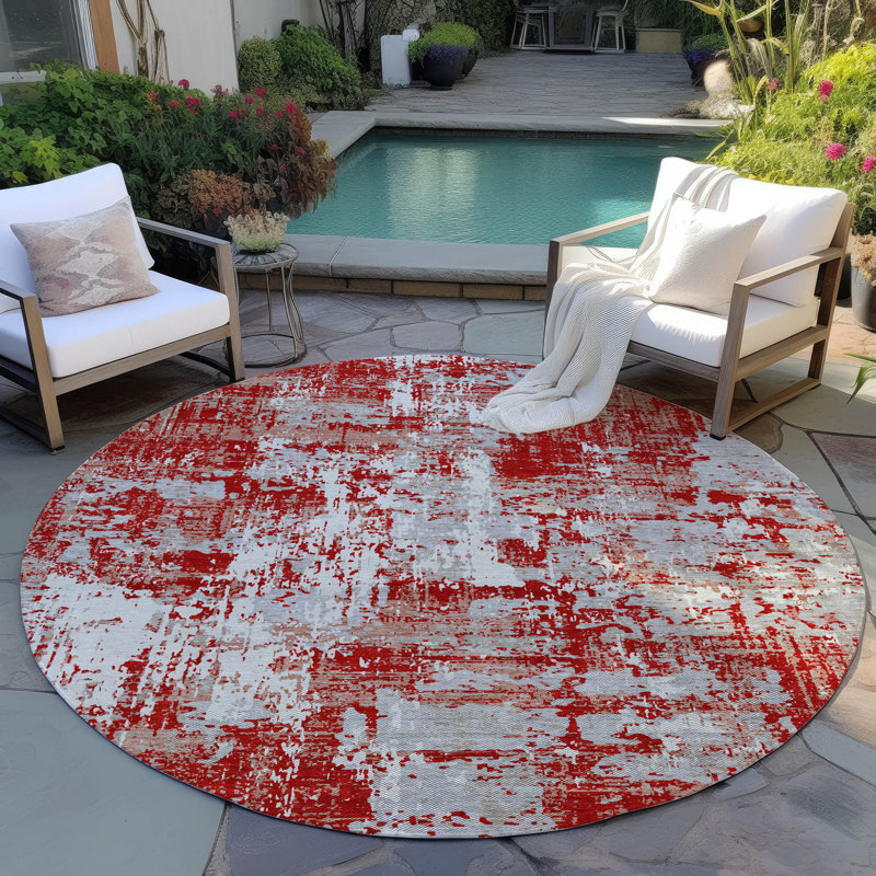 Red Synthetic Round Washable Indoor/Outdoor Rug 8' x 8'