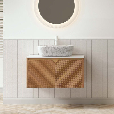 Meuble-lavabo de salle de bain, meuble de rangement flottant en contreplaqué, portes doubles en sergé avec garniture en métal, vasque en céramique à motif marbré et plateau en pierre frittée de Carrare
