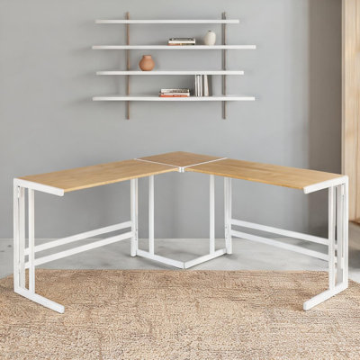 L-Shaped Writing Desk in Natural-Toned Solid Bamboo and White Steel - 67.25 W Industrial Home Office Work Surface
