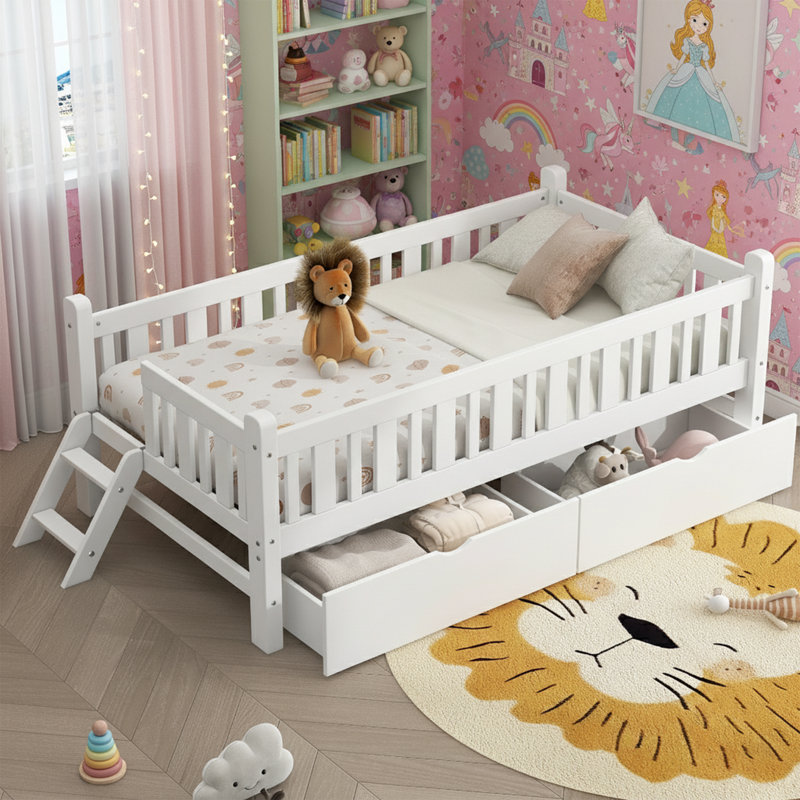  Lit plateforme simple en bois de 78 po de largeur avec garde-corps double et 2 tiroirs de rangement, Blanc