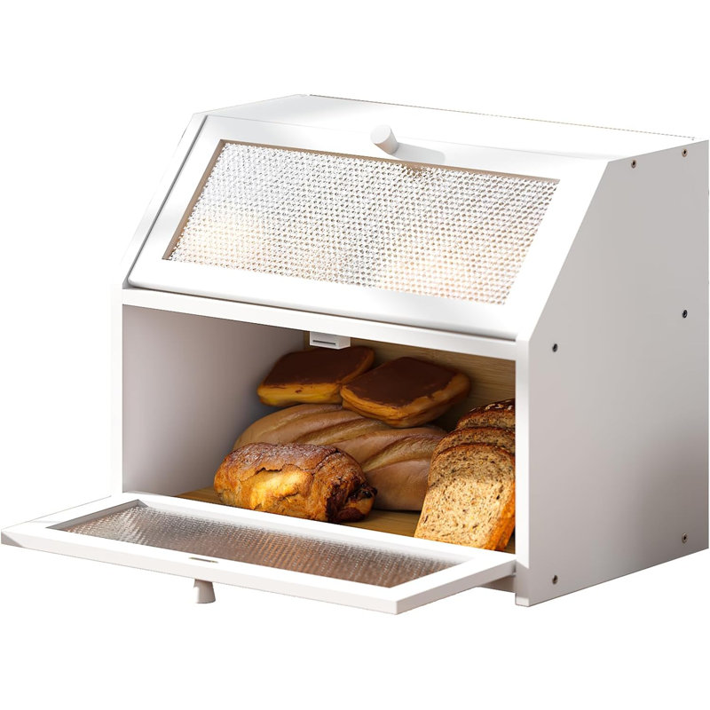 Breadbox For Kitchen Countertop Bin Bread Box Storage Airtight Container Extra Large Capacity Farmhouse Bread Box Double Layer With Diamond Pattern Windows Bread Holder Bamboo White
