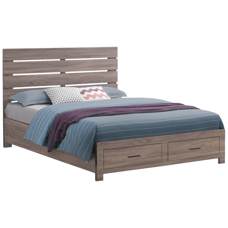 Lit en chêne avec rangement de très grande taille, tête de lit à lattes, plateforme avec support direct, panneau de finition avec tiroirs discrets, vitrine en grain de bois naturel, structure de la structure