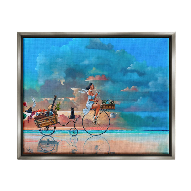 «Summer Beach Bike Ride Reflection» par Ronald West - peinture sur toile à cadre flottant, H 17 po x l 21 po x P 1,7 po