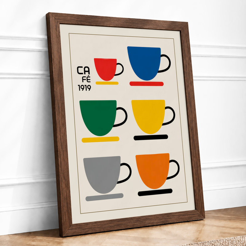 Colourful Ceramic Mugs Mid-Century - Framed Print, Walnut, A4 - 29.7 x 21.0 cm