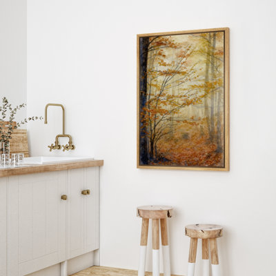 Autumn Forest with Golden Leaves Wall Art - Warm Foggy Woodland Painting, Framed Nature-Inspired Decor for Fall or Transitional Spaces