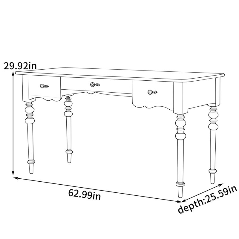 Bureau de style américain rétro, H 29,92 po x l 62,99 po x P 25,59 po