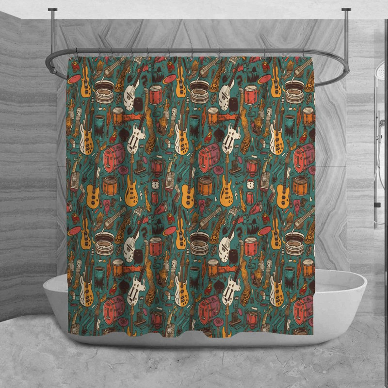 Rock N Roll Shower Curtain Music Bathroom Decor Blue, H 93 po x l 70 po