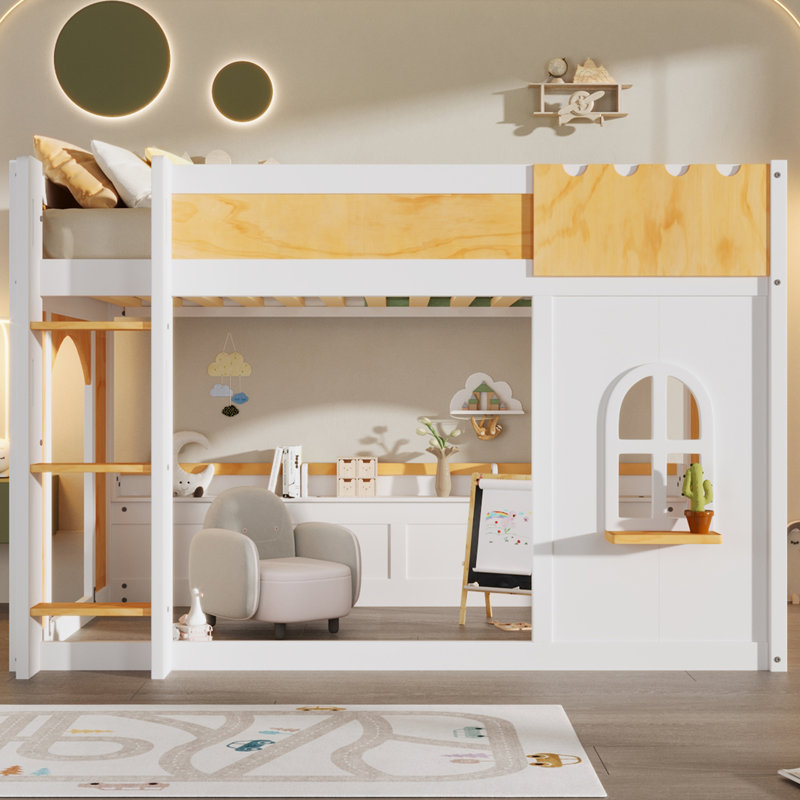 Lit superposé simple au-dessus de simple avec tablettes de rangement, fenêtre et deux portes - Loft multifonctionnel en bois, blanc et naturel