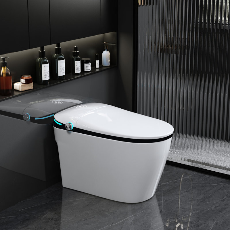Luxury Toilet With Bidet Seat - Auto Open/Close, Foot Sensor, Warm Air Drying, Night , White Porcelain, Heated Seat, Flush Porcelain