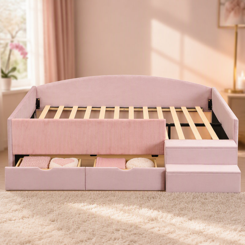 Structure de lit, structure de lit de jour rembourrée avec 2 tiroirs de rangement, Full / Double, Rose