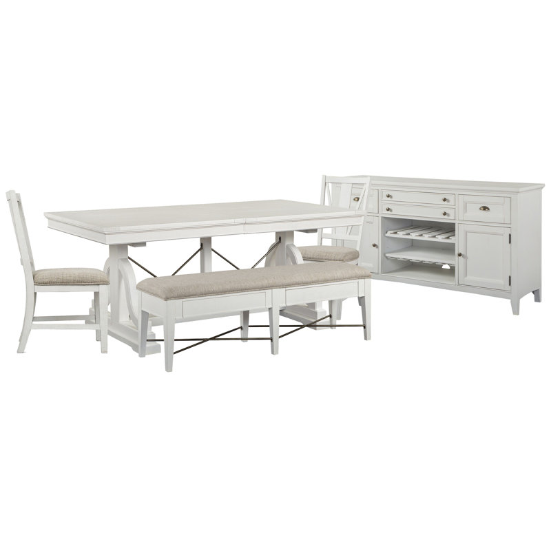 Extendable Trestle Dining Table With 2 Side Chairs Upholstered Bench And Buffet, 5 Pieces: Table, Buffet, Bench, 2 Chairs