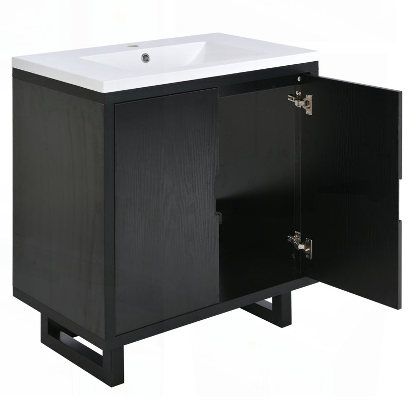 Ensemble de meuble-lavabo de 30 pouces avec lavabo, armoire combinée et pieds en bois massif pour un rangement élégant, Noir