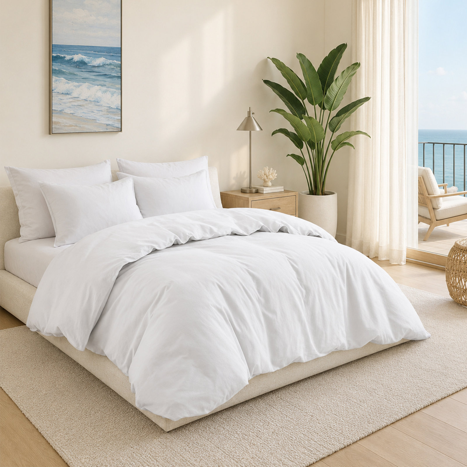 Boseman 100% Linen Duvet Reversible Duvet Cover Set, White, Queen Duvet Cover + 2 Standard Pillowcases