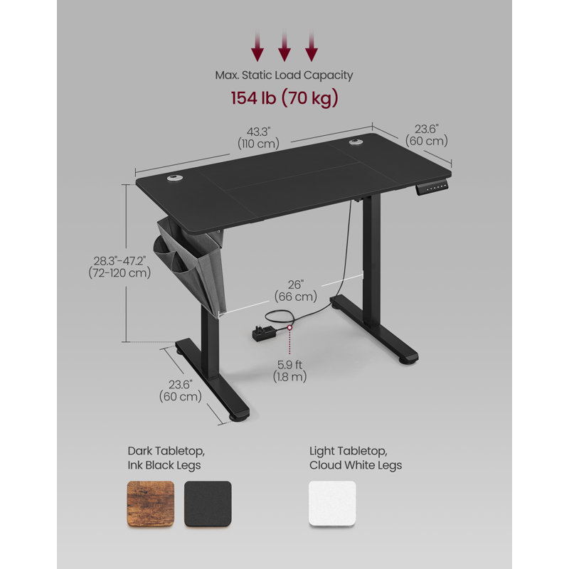 Height Adjustable Rectangle Standing Desk, Black/Black, 120 H x 110 W x 60 D cm