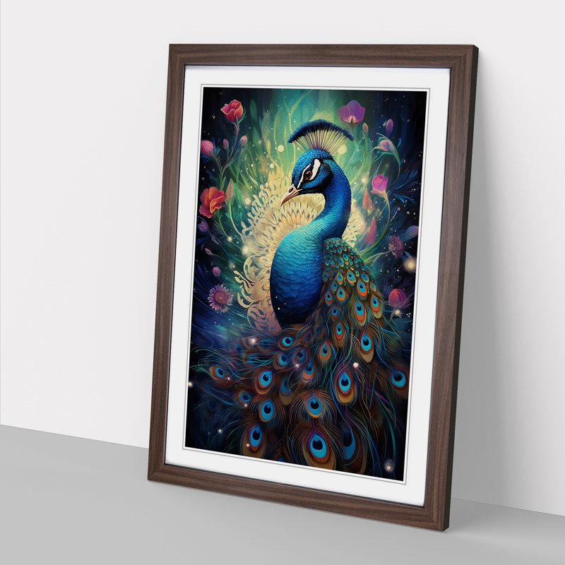 Peacock Conceptual - Single Picture Frame Print on Wood, Walnut Framed, 46cm H x 34cm W x 2cm D