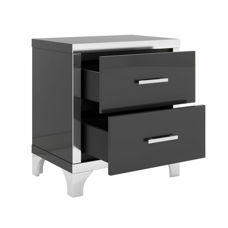 Table de chevet élégante à miroir avec 2 tiroirs et poignée en métal, Noir