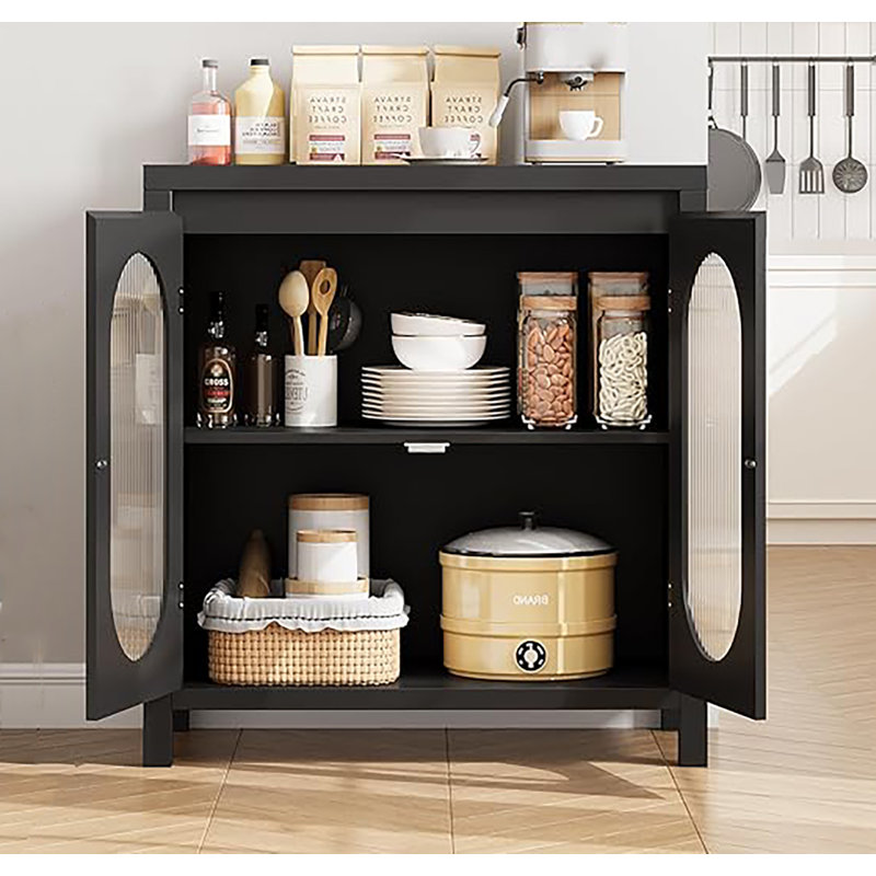 Buffet moderne avec portes et tablettes en verre, petite armoire avec rangement