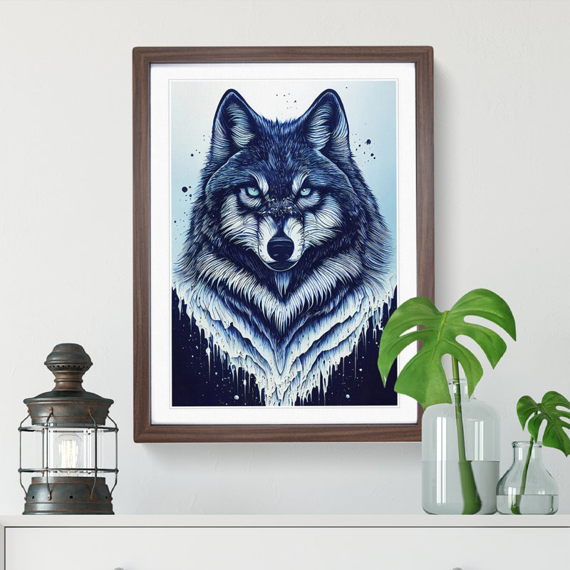 Winter Wolf Art No.3 - Wall Art, 66cm H x 48cm W, Walnut Framed Paper, White