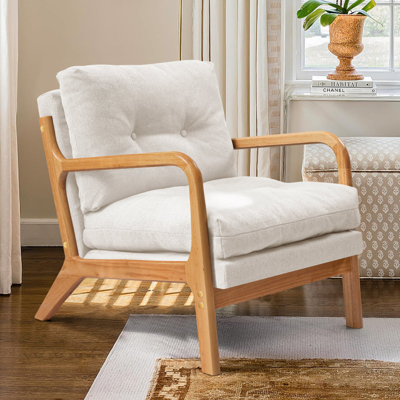 Cloud Comfort Cushion with Wooden Armrest Accent Chair, Ivory 100% Linen
