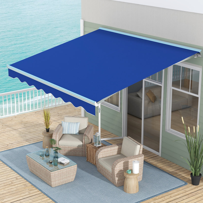 13' X 10' Patio Awning With Lights, Uv40+ Sun For Deck, Balcony, Yard, Blue Electric Led Blue. Shelter Patio, Yard. Powered Remote & Crank, Adjustable 45 - 85